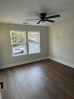 empty room featuring ceiling fan and dark wood-type flooring