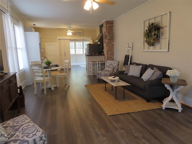 living room featuring ceiling fan and dark hardwood / wood-style floors