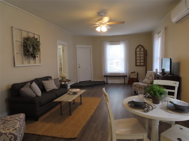 living room with a wall mounted AC, ceiling fan, and dark hardwood / wood-style flooring