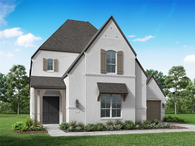 view of front of home featuring a front lawn and a garage