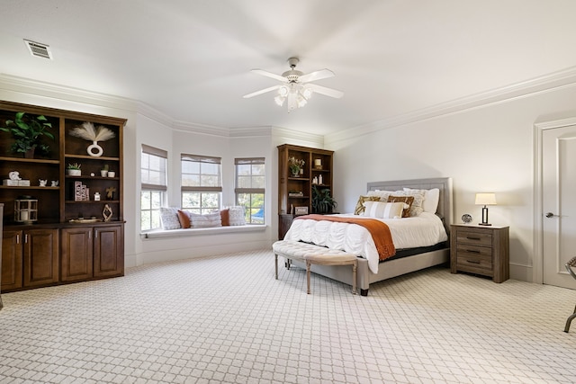 bedroom featuring light carpet, ceiling fan, and crown molding