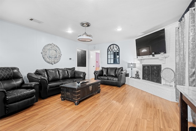 living room featuring a fireplace and hardwood / wood-style flooring