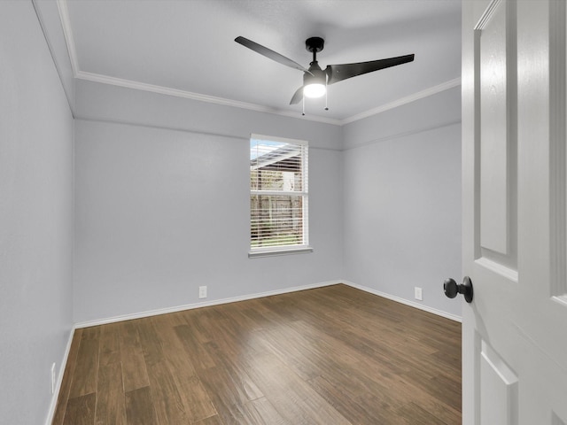 unfurnished room with ceiling fan, wood-type flooring, and crown molding