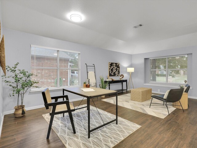 office space with plenty of natural light and dark wood-type flooring