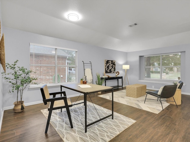 office space with dark hardwood / wood-style floors