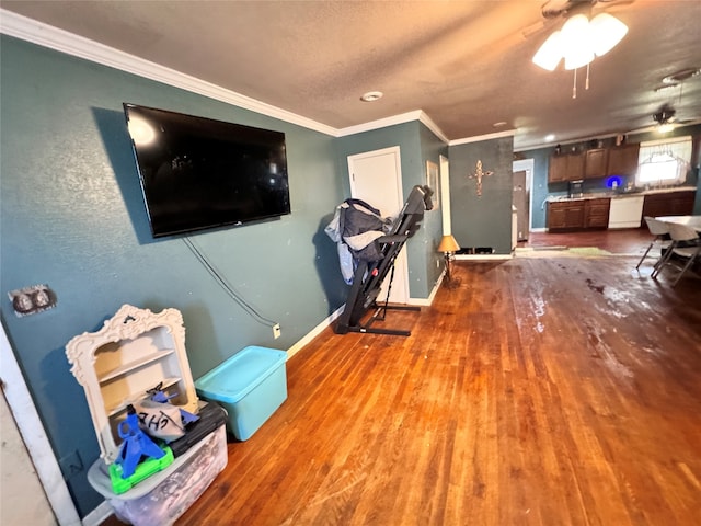 interior space featuring ceiling fan, ornamental molding, a textured ceiling, and hardwood / wood-style flooring