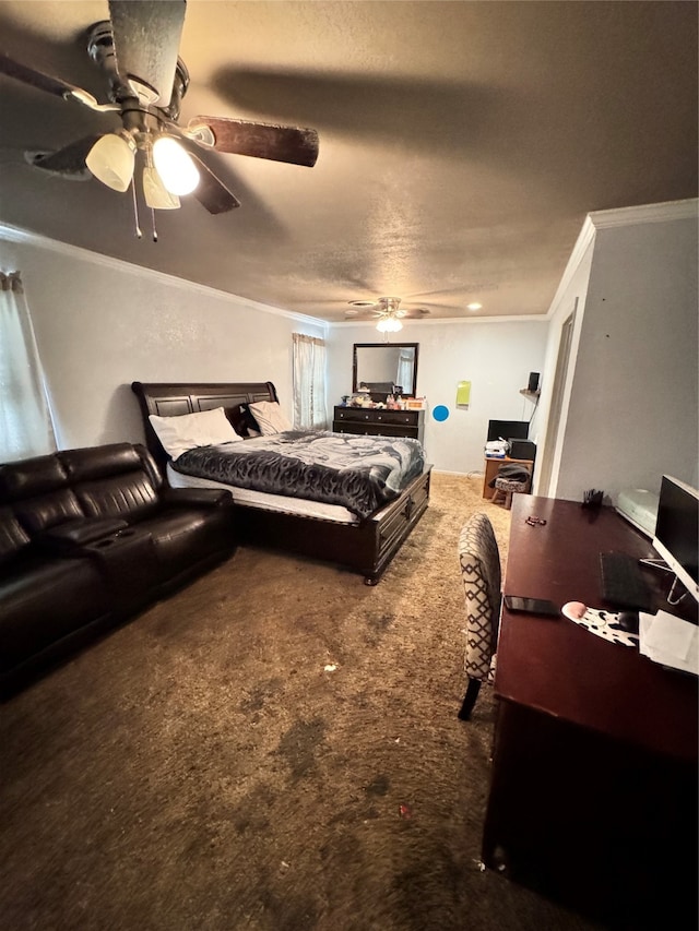 bedroom with a textured ceiling, carpet floors, ceiling fan, and crown molding