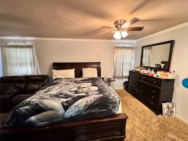 carpeted bedroom with ceiling fan, ornamental molding, and a textured ceiling