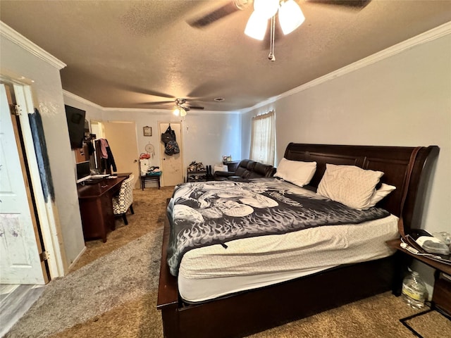 carpeted bedroom featuring a textured ceiling, ceiling fan, and ornamental molding