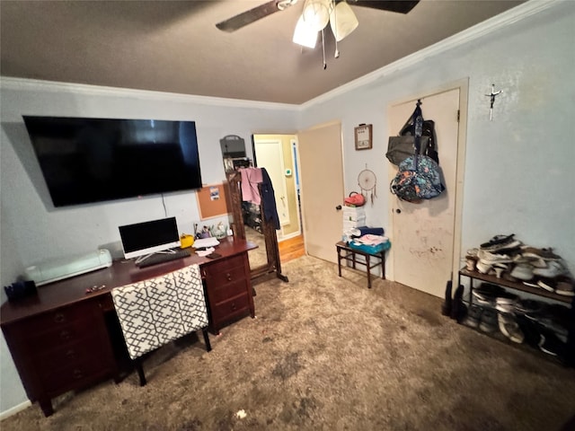 office area with ceiling fan, light carpet, and ornamental molding