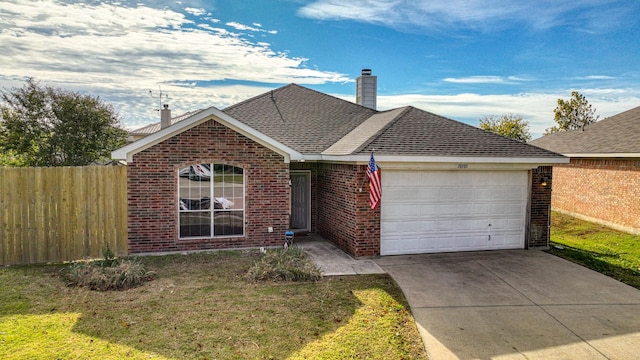 view of front of property featuring driveway, fence, roof with shingles, a garage, and brick siding