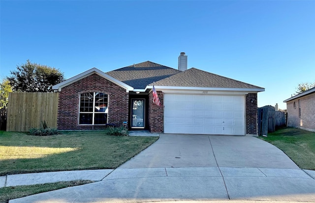 ranch-style house featuring brick siding, fence, concrete driveway, a front yard, and an attached garage