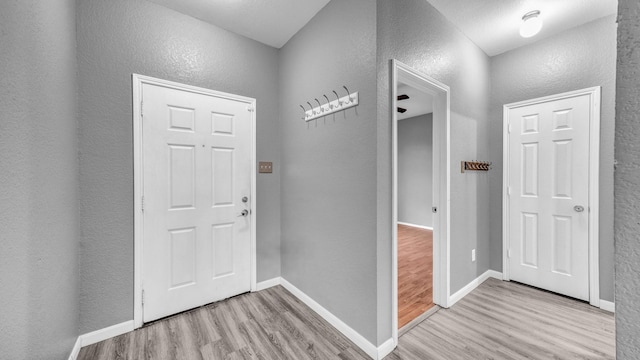 foyer with a textured wall, baseboards, and wood finished floors