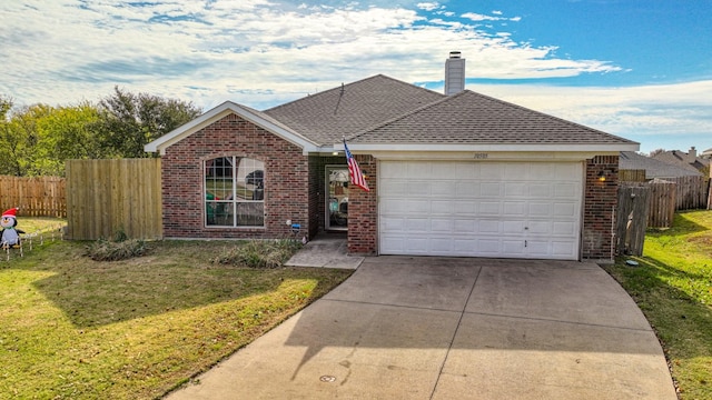 ranch-style house with a front lawn, concrete driveway, a garage, and fence