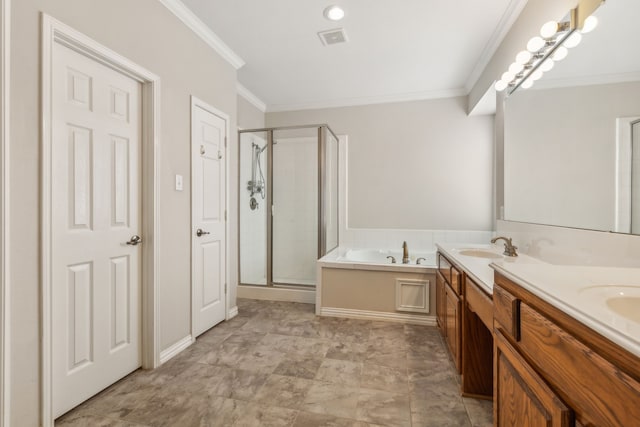 bathroom featuring vanity, independent shower and bath, and ornamental molding