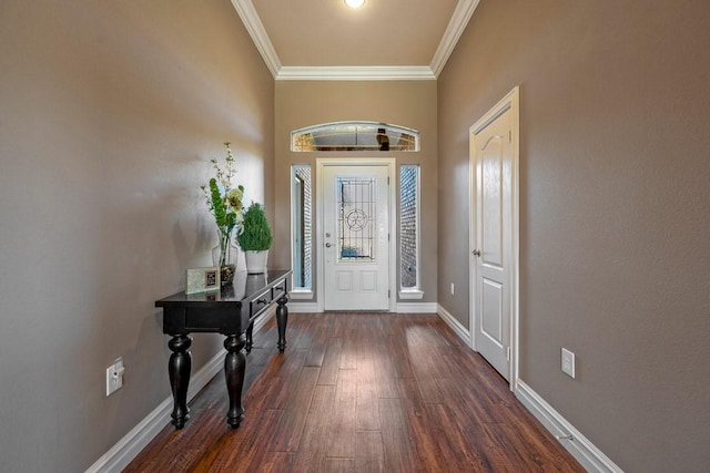 entryway with crown molding, dark wood-style flooring, and baseboards