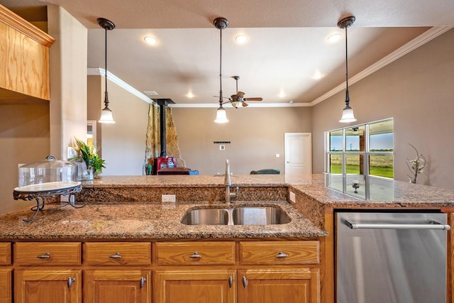 kitchen with sink, crown molding, decorative light fixtures, stainless steel dishwasher, and light stone countertops