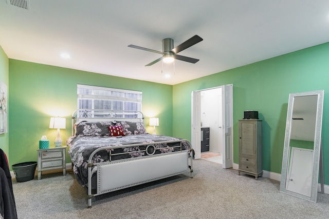 carpeted bedroom featuring ceiling fan