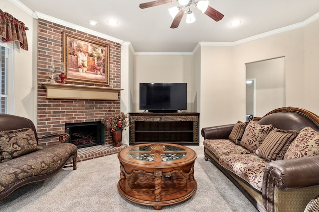 carpeted living room with crown molding, a brick fireplace, and ceiling fan