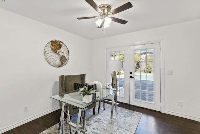 office featuring dark wood-type flooring, ceiling fan, and french doors