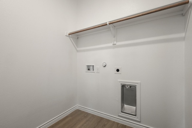 2412 Dahlia Dr, Fort Worth, TX 76123 - washroom with hookup for an electric dryer, washer hookup, dark wood-style floors, gas dryer hookup, and baseboards