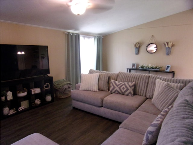 living room with vaulted ceiling, crown molding, ceiling fan, and dark hardwood / wood-style floors