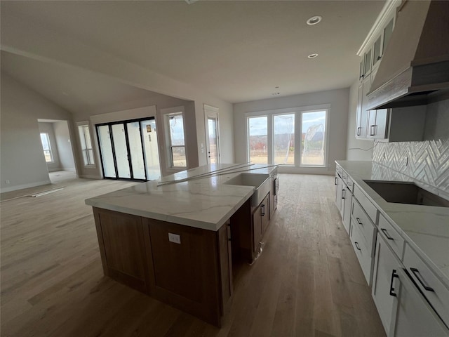 kitchen with tasteful backsplash, light stone counters, white cabinets, custom exhaust hood, and light wood-type flooring