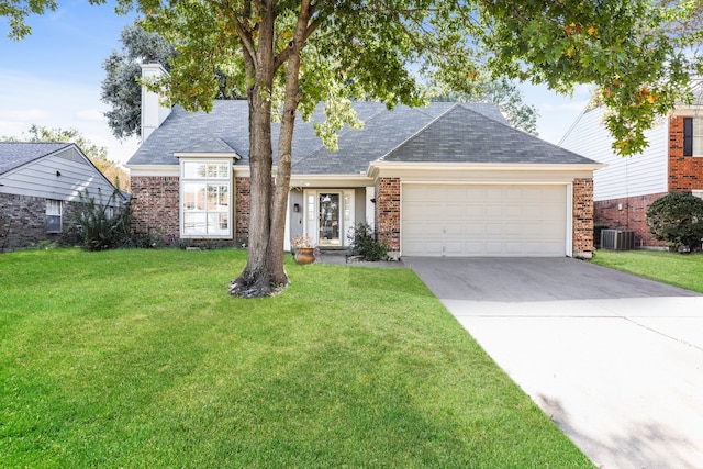 view of front facade featuring central AC unit, a garage, and a front lawn