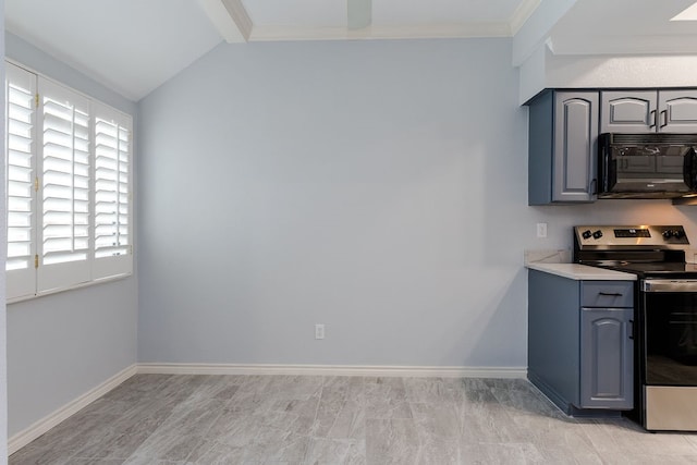 kitchen with ornamental molding, gray cabinets, lofted ceiling, and stainless steel electric range