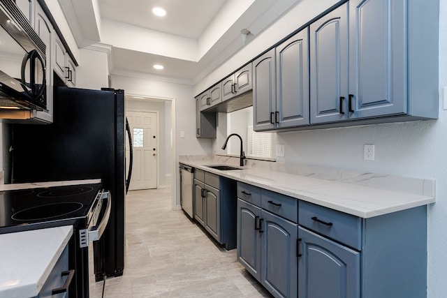 kitchen with blue cabinets, sink, stainless steel dishwasher, electric range oven, and light stone counters