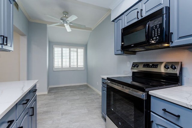 kitchen featuring light stone countertops, ceiling fan, crown molding, and electric stove