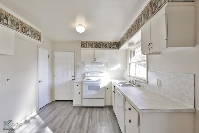 kitchen with light wood-type flooring, white appliances, ventilation hood, sink, and white cabinetry