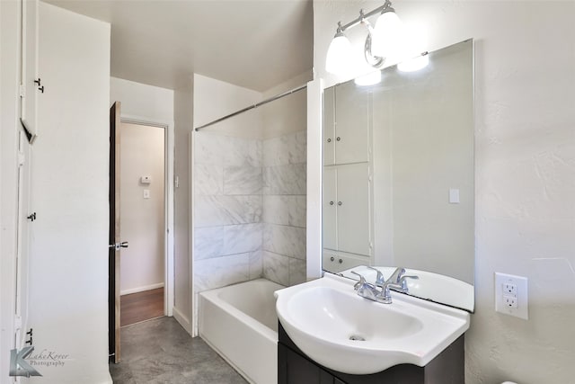 bathroom with vanity,  shower combination, and concrete floors