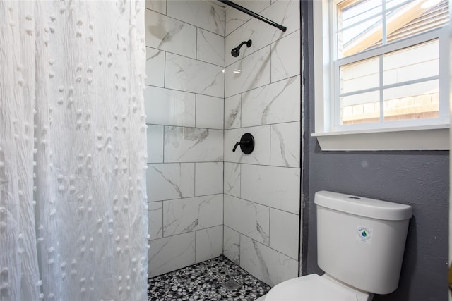 bathroom featuring a shower with curtain, a healthy amount of sunlight, and toilet