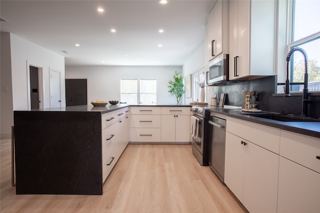 kitchen with decorative backsplash, appliances with stainless steel finishes, sink, light hardwood / wood-style flooring, and white cabinets