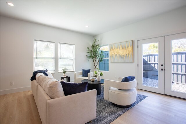 living room featuring french doors and light hardwood / wood-style flooring