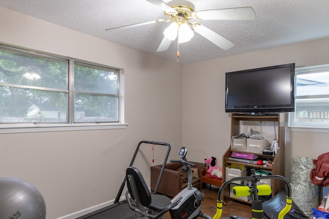 workout area featuring a textured ceiling, ceiling fan, wood finished floors, and baseboards