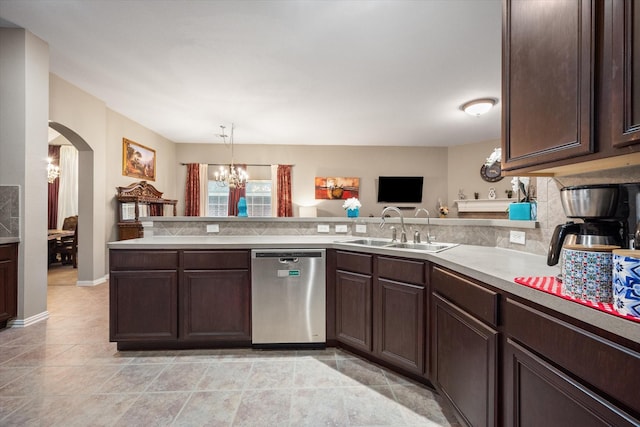 kitchen with sink, an inviting chandelier, stainless steel dishwasher, kitchen peninsula, and pendant lighting