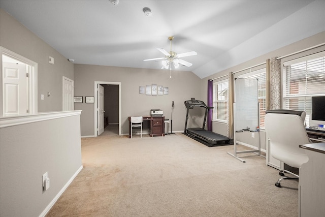 exercise area with light carpet, ceiling fan, and vaulted ceiling