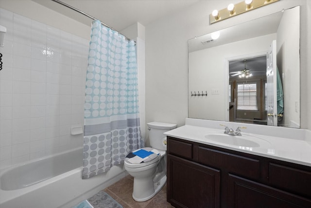 full bathroom featuring ceiling fan, tile patterned floors, shower / bath combination with curtain, toilet, and vanity