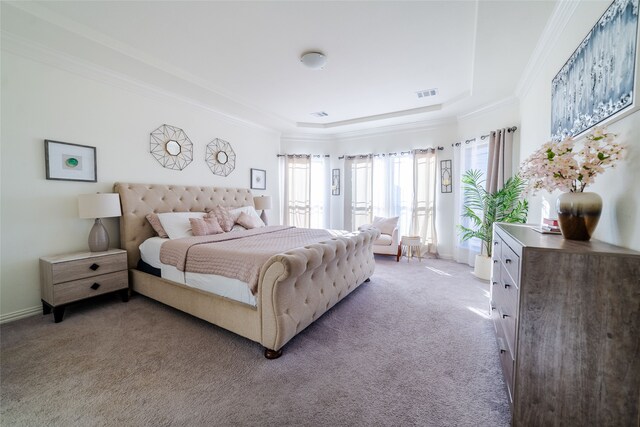 bedroom featuring light colored carpet and ornamental molding