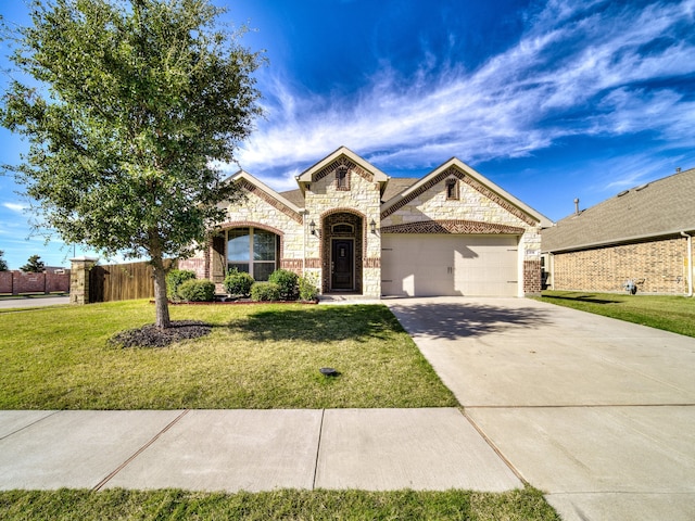 view of front of house with a garage and a front lawn