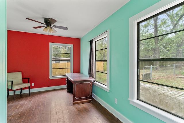 office area featuring ceiling fan and dark hardwood / wood-style floors