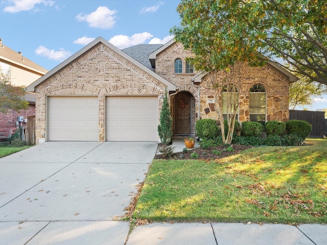 view of property with a front yard and a garage