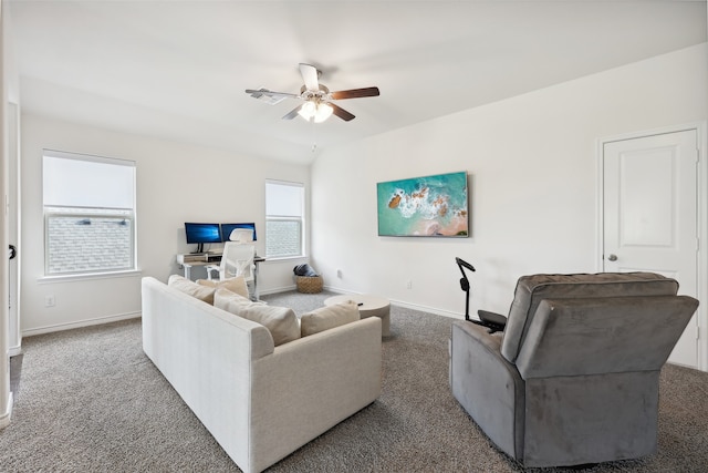 carpeted living room featuring ceiling fan