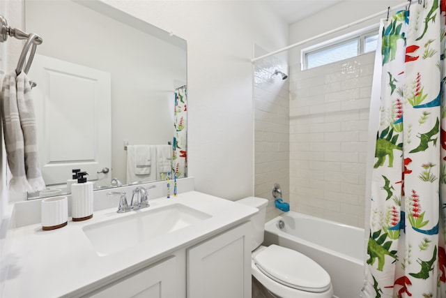 full bathroom featuring vanity, shower / bath combo, and toilet