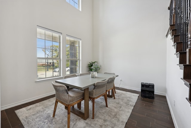 dining room featuring a high ceiling and dark wood-type flooring