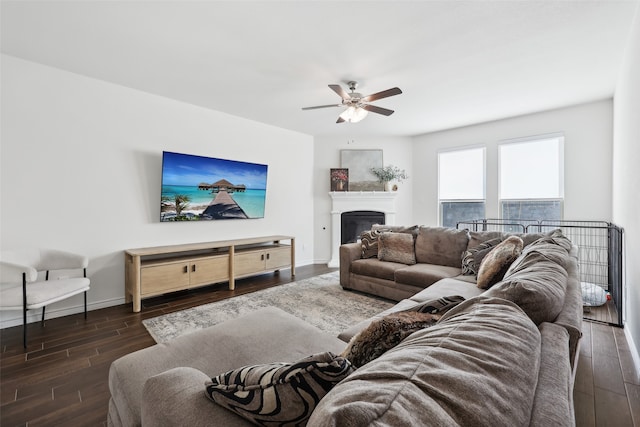 living room featuring ceiling fan and dark hardwood / wood-style flooring