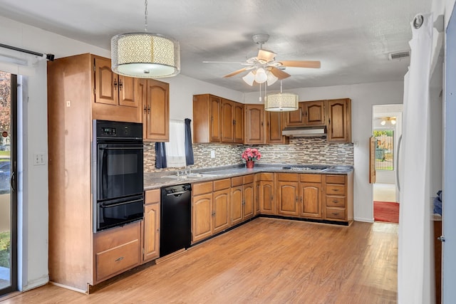 kitchen featuring backsplash, a wealth of natural light, black appliances, and light hardwood / wood-style flooring