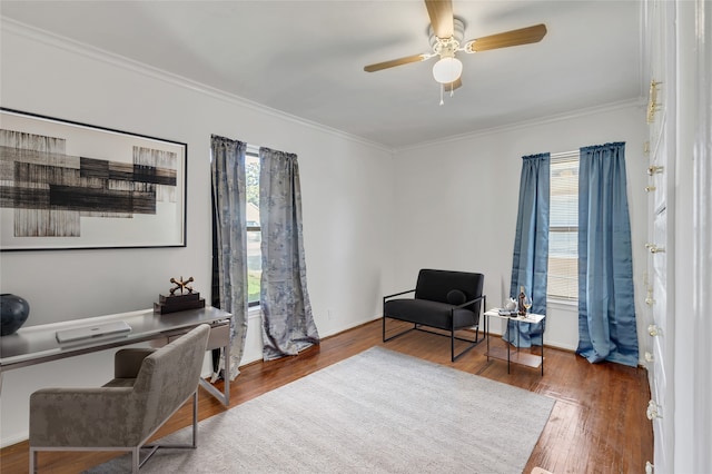 office featuring ceiling fan, dark hardwood / wood-style flooring, and ornamental molding